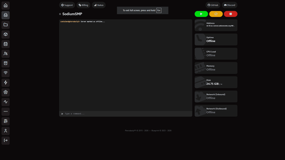 SodiumNodes Minecraft hosting control panel dashboard