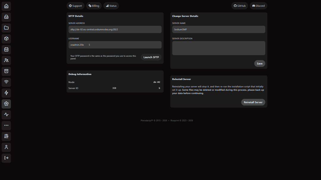 SodiumNodes Minecraft hosting control panel dashboard